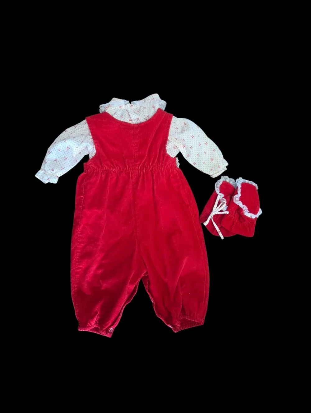 Vtg 3-6 mo Christmas Holiday Outfit Red Corduroy Bibs Embroidered Bows Lace Trim